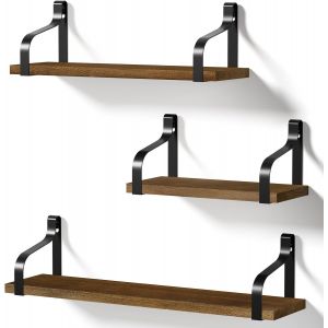 Etag&egrave;res Murales Lot de 3 Etag&egrave;res Flottantes en Bois et Fer Charge Maximal 20 Kg pour Salon Chambre Bureau Salle de Bains ou Cuisine, Noir Carbonis&eacute; - Neuf