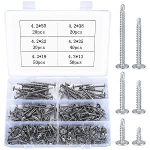 210 Pcs Vis Autotaraudeuse, Vis &agrave; T&ecirc;te Plate en M&eacute;tal, Vis &agrave; T&ecirc;te Cylindrique, Vis Autoperceuses pour M&eacute;tal, Fixation de T&ocirc;le - 4,2 mm x 13/19/25/32/38/50 mm - Neuf