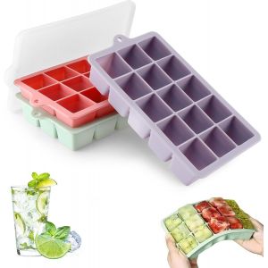Mevronisshop-Lot De 3 Bacs &Agrave; Gla&ccedil;ons En Silicone - 45 Compartiments - Grands Gla&ccedil;ons Carr&eacute;s De 3 Cm - Empilables - Avec Couvercle - Sans Bpa - Convient Pour Cocktails, Whisky, Cr&egrave;me Glac&eacute;e, Caf&eacute; - Neuf