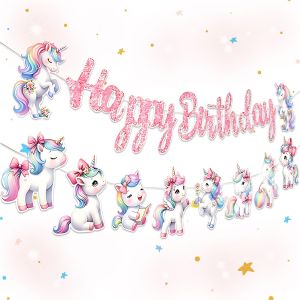 Mevronisshop-Poney Licorne D&eacute;coration Anniversaire Banni&egrave;re Guirlande Arc En Ciel Cadeaux F&ecirc;te D&eacute;co Filles - Neuf