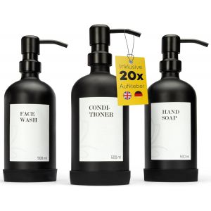 BHHBB-® Lot de 3 distributeurs de bouteilles à pompe en verre noir mat de qualité supérieure - 500 ml - Distributeur de savon - Distributeur de gel douche - Distributeur de shampoing - Distributeur - Neuf