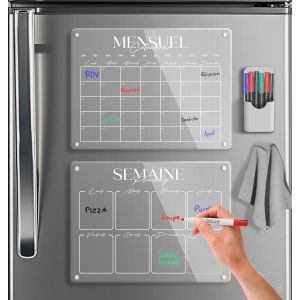 JEXNOVASHOP-Calendrier Magnetique Frigo Transparent x2 + Accessoires - Planificateur Hebdomadaire + Mensuel Aimanté Planning Semaine Tableau Magnétique Organisateur Familial Planner Semainier Effacab - Neuf