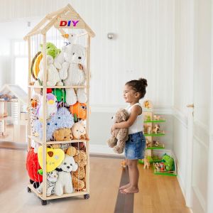 SUBZONAL-Rangement Peluche de Enfant, Range Peluche en Bois Roues &eacute;quip&eacute;es d'un Frein &agrave; 360&deg;, 150 * 40 * 40cm Meuble Rangement Jouet Enfant pour Chambre d'enfant, Salle de Jeux, Salon, etc. - Neuf