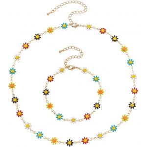 2 Pcs Émail Marguerite Fleur Lien Chaîne Bracelet Et Collier Coloré Perle Marguerite Floral Bracelet Arcenciel Alliage Collier Pour Femmes Filles Bijoux De Mariage Décorations - Neuf