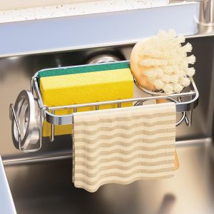 Eryi-4 En 1 Porte-Éponge D'évier Argenté Avec Ventouse Antirouille Porte-Éponge D'évier De Cuisine Réutilisable Pour L'intérieur De L' Stocker, La Brosse, Le Chiffon - Neuf