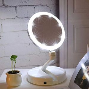 Miroir de maquillage portable pliable, grossissant 1x/10x, double face, éclairage LED, piles ou chargement USB, rotation à 270° - Neuf