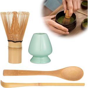 KALANKA-Matcha Kit 4 Pièces - Kit Matcha avec Fouet Matcha Bambou, 2 Cuillere Matcha, Porte-Fouet - Accessoires pour Cérémonie du thé Japonais (Cyan) - Neuf