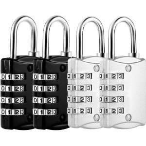 Lot de 4 Cadenas Code de 4 Chiffres, Petit Cadenas a Code College,Valise Avion en Métal Exterieur pour Casier Bagage Gym (Noir) - Neuf