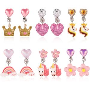 Kal-Boucle D'oreille Enfant Fille, 6 Paires De Boucles D'oreilles Clips Pour Enfants, Clips D'oreille Pour Filles, Avec Couronne De Licorne Arc-En-Ciel Fleur C?ur, Pour Fille Les Jeux De Rôle - Neuf