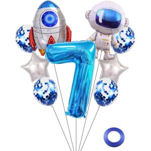 Astronaut Rocket 7 Years Birthday Balloons Jumbo Spaceman Birthday Balloons Out Of Space Theme Foil Balloons Blue 7 Helium Balloon Baby Shower Birthday Party For Kids - Neuf