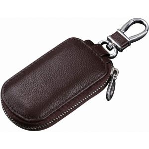 Étui de clé de voiture en cuir véritable,étui de protection universel pour clé de voiture multifonction,fermeture éclair,porte-clé pour homme,café - Neuf