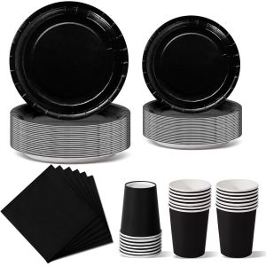 Mevronisshop-Anniversaire Vaisselle De Fete 96 Pi&egrave;ces Noir Party Assiettes En Papier Set Assiettes De F&ecirc;te Jetables Papier Tasses Serviettesr, Pour Barbecue Les F&ecirc;tes Les Pique-Niques -24 Invit&eacute;s - Neuf
