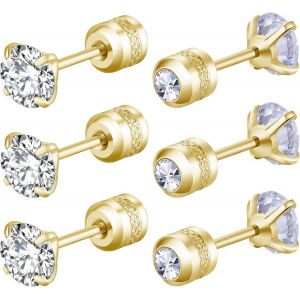 Kal-3-5 Paires Boucles D'oreilles Argent Noires Or,Hypoallerg&eacute;nique Boucles D'oreilles Femme Homme,Boucle D'oreille Acier Inoxydable,Boucles D'oreilles En Zirconium - Neuf