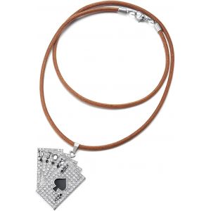Kal-Homme Ace Carte Piques Poker Pendentif Avec Strass Et Noir Email - Collier Avec Brun Cordon En Cuir - Neuf