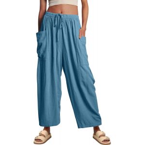 Femme Pantalon Fluide Été Pantalon Coton Lin Casual Ample Léger Pantalons Avec Poches Taille Haute Elastique Décontractés Large Chic Pantalons Sport Jambes Larges Pants Jogging Plage Pants - Neuf