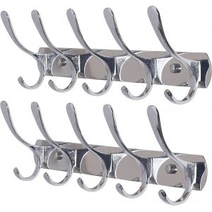 Lot de 2 porte manteau mural moderne avec 5 crochets, robuste, en m&eacute;tal, pour accrocher v&ecirc;tements, manteau, chapeaux, vestes, sac &agrave; dos, argent - Neuf
