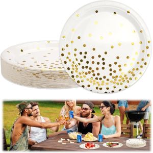 Checarzhn--No1-50 Pcs Blanc Or Party Vaisselle,9 Pouces (23 Cm) Blanc Et Or Vaisselle De Fête,Or Blanc Assiette Jetable Vaisselle Lot,Blanc Or Assiettes En Carton Jetables Pour Fêtes Decoration Anniv - Neuf