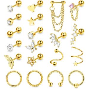 20 Pièces 16g Cartilage Boucles D'oreilles Argent/Or Piercing Tragus Acier Chirurgical Pour Femme Plume Coeur Étoile Hoop Boucles D'oreilles Piercing Oreille Tragus Conch.[X1725] - Neuf