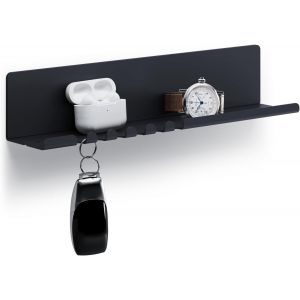 Helke &Eacute;tag&egrave;re Murale 30 x 6 x 6 cm 5 Crochets et Support de c&acirc;ble. Organiseur de cl&eacute;s et Lettres pour entr&eacute;e, Cuisine, Bureau. &Eacute;tag&egrave;re Suspendue en t&ocirc;le d'acier rev&ecirc;tue de Poudre. Couleur Blanche - Neuf