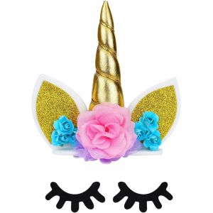MEVRONISSHOP-D&eacute;coration de G&acirc;teau Licorne,D&eacute;co de G&acirc;teau Licorne Or Cake Topper Licorne avec Cils et Support D&eacute;corations de G&acirc;teau pour Gar&ccedil;on Fille Enfants Baby Shower AnniversaireF&ecirc;te de mariage - Neuf