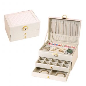 Bo&icirc;te De Rangement De Bijoux &Agrave; Motif Losange Simple Grand Seau De Stockage &Eacute;tanche Pour Chambre &Agrave; Coucher Salon Trois Couches,Blanc - Neuf