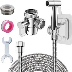 LKJKJ-Kit Douchette WC avec Vanne 3 Voies et Tuyau 2m, Kit de Bidet de Toilette avec Support, Pulvérisateur de Bidet à Main pour Toilettes avec Adaptateur G1/2 pour l'hygiène Personnelle(Argent Tuyan - Neuf