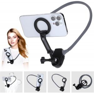 Support Magnétique pour Téléphone Portable, Support de Téléphone pour POV/Vlog, Support de Téléphone Mains Libres avec Sangle de Fixation supplémentaire pour iPhone 15 14 13 12 Series Android Phones - Neuf