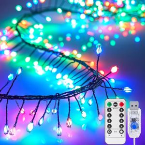 KAL-100Led Cluster Lumières Alimenté Par Usb, Guirlande Lumineuse Sapin De Noel Avec Télécommande Étanche Rideau Lumineux 8 Mode Féeriques Lumiere Décoration Noël,Chambre (Multi, 3M 100Led) - Neuf