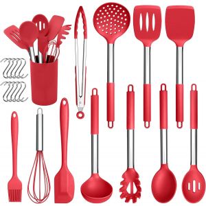 Tianyi-Lot De 22 Ustensiles De Cuisine En Silicone Avec Porte-Ustensiles, R&eacute;sistants &Agrave; La Chaleur Avec Poign&eacute;e En Acier Inoxydable, Antiadh&eacute;sifs Et Sains, Rouges - Neuf