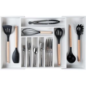 JEXNOVASHOP-Organiseur d'argenterie, de couverts et d'ustensiles de qualit&eacute; sup&eacute;rieure pour tiroirs de cuisine, de qualit&eacute; alimentaire, extensible de 40,6 &agrave; 71,1 cm, bambou blanc - Neuf