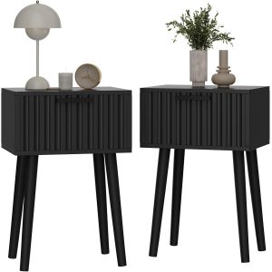 Ulteronixshop-Lot de 2 Tables de Chevet, Table D'appoint, D&eacute;cor&eacute; avec fa&ccedil;ades Stri&eacute;es, Pieds en Bois, Tiroir Magn&eacute;tique, Cha&icirc;ne de Fixation, 35x27x53cm, pour Chambre &agrave; Coucher, Salon, Noir HST014B-2 - Neuf
