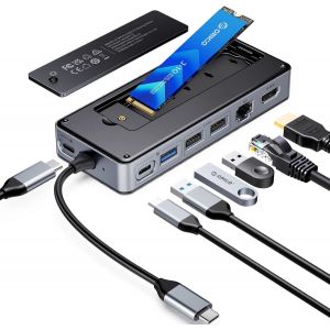 8-En-1 Station D'Accueil Usb C Avec Bo&icirc;tier Ssd M.2, Hub Usb C Avec Ssd M.2 Nvme/Sata, 10Gbps, Hdmi 4K@60Hz, 100W Pd, Ethernet, Longueur Du C&acirc;ble 15Cm - Om28Pr - Neuf