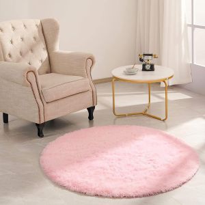 Sjzg-Tapis Rond Salon Shaggy Descente De Lit Chambre Grande Taille Tapis Avec Le Fond Antid&eacute;rapant,Tapis D&eacute;coratif De Style Moderne Pour Salon Chambre Canap&eacute; Natte(Rose,120 X 120 Cm) - Neuf