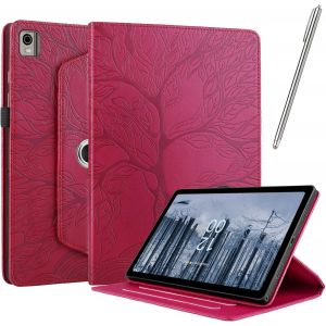 KAL-Coque Pour Nokia T21 10.4 Pouce 2022, &Eacute;tui Cuir Pu Housse De Protection Flip Avec [Stylet] Fonction Support Antichoc &Eacute;tui Rotatif &Agrave; 360&deg; - Rouge - Neuf