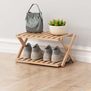 Kgabery-Étagère À Chaussures En Bambou À 2 Niveaux,Portable,Pliable,Sans Installation,Petite Étagère À Chaussures,Parfaite Pour Les Couloirs,Les Chambres Et Les Petits Espaces (2 Niveaux) - Neuf