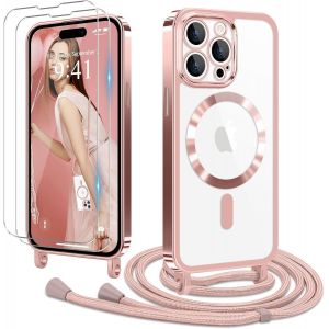 Kal-Coque Pour Iphone 15 Pro Max Avec Cordon De Collier + 2×Verre Trempé, Coque Transparente Silicone Tpu Bumper Etui Housse Avec Cordon Réglable, Coque Magnétique Pour Iphone 15 Pro Max Rose - Neuf