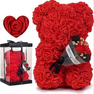 (Rouge, 25 cm) le Cadeau de saint-Valentin pour femme Ours rose ours en peluche avec un bouquet de roses, anniversaire, cadeau pour femme, cadeau pour la saint-Valentin pour l'amie/fille. - Neuf