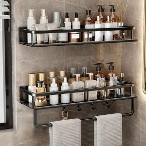 CAUC-Lot de 2 &eacute;tag&egrave;res de douche sans per&ccedil;age - 40 cm - En acier inoxydable - Avec porte-serviettes et 4 crochets - Pour chambre &agrave; coucher, salon et cuisine - Noir - Neuf