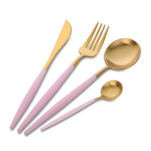 M&eacute;nag&egrave;re 2025 Pour 1 Personne, En Acier Inoxydable 304 18/10, Couleur Or Avec Joli Manche Rose - Neuf