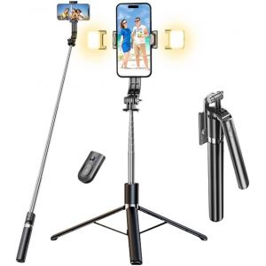 KALANKA-180cm Trepied Smartphone & Perche a Selfie [2 Lumi&egrave;re de Remplissage] Trepied Telephone Portable R&eacute;tractable avec T&eacute;l&eacute;commande sans Fil pour iPhone/Samsung/Android - Neuf