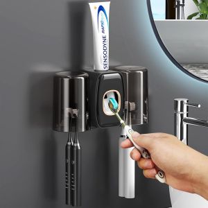 Porte-brosse à dents 2 tasses (noir), distributeur de dentifrice mural avec porte-brosse à dents, presse-dentifrice automatique - Neuf