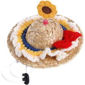 Chien Chapeau De Paille (Blanc) Avec Cordon De Serrage Tricot - Neuf