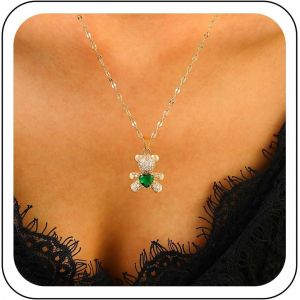 Kal-Collier Ours En Zircone Cubique Collier Ours En Peluche En Cristal Coeur Vert Collier Pendentif Ours En Peluche Animal Mignon Collier Chaîne Fine En Or Bijoux Pour Femmes Filles Enfants - Neuf