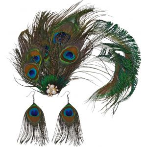 Kalvd-Coiffe De Fourrure De Paon 1 Pièce Et 1 Paire De Boucles D'oreilles,Accessoires De Cheveux Élés Rétro,Accessoires De Vêtements De Fête,Accessoires De Conception Créatifs. - Neuf