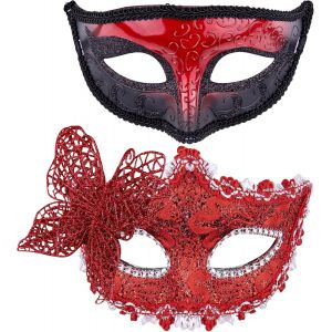 2 Pi&egrave;ces Masque V&eacute;nitien Couple Masque Mascarade Femme Noir Dentelle Masque V&eacute;nitien Pour Femme Homme Mascarade F&ecirc;te,Rouge - Neuf