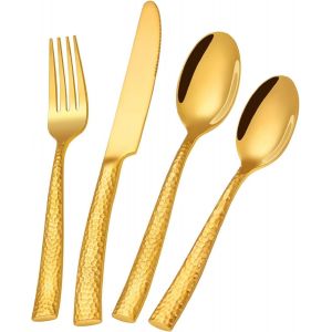 Ensemble De Couverts Martelés Argenté, 24 Pièces En Acier Inoxydable Robuste Pour 6 Personnes, Couverts De Qualité Alimentaire, Ustensiles Miroir Pour La Maison Et Le Restaurant - Neuf