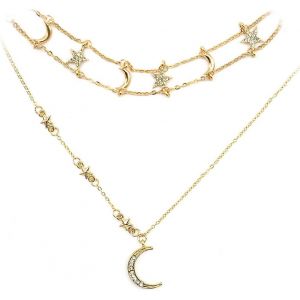 Kal-1 Pièce De Collier Boho Multi - Couches Étoile Et Lune - Avec Cristaux Dorés Et Pendentif En Croissant - Ajustable - Parfait Pour Les Femmes Et Les Filles - Bijoux Pour Fêtes Et Mariages - Neuf