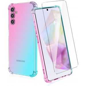 Kal-Housse Pour Samsung Galaxy A35 5g Coque + 1 Pièces Verre Trempé, Dégradé De Couleurs Anti-Choc Housse Pour Téléphone Portable -Rose/Vert - Neuf
