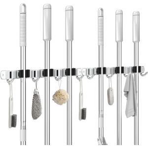 1 Pi&egrave;ce Porte Balai Mural 43cm,Accroche Balai Mural Cintre Acier Inoxydable avec 4 Emplacements et 5 Crochets Sans Percage pour Cuisine, Salle de Bain, Garage et Jardin - Neuf