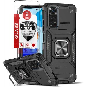 Kal-Coque Pour Xiaomi Redmi Note 11/Redmi Note 11s 4g(6.43"") Avec 2 X Verre Trempé, [Béquille 360° Rotatif] Militaire Renforcée Rigide Pc Et Tpu Silicone Protection Antichoc Etui Housse Noir - Neuf